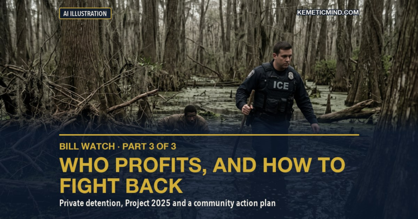 AI illustration: an ICE officer wades through a cypress swamp while a Black man hides low in the water behind fallen branches