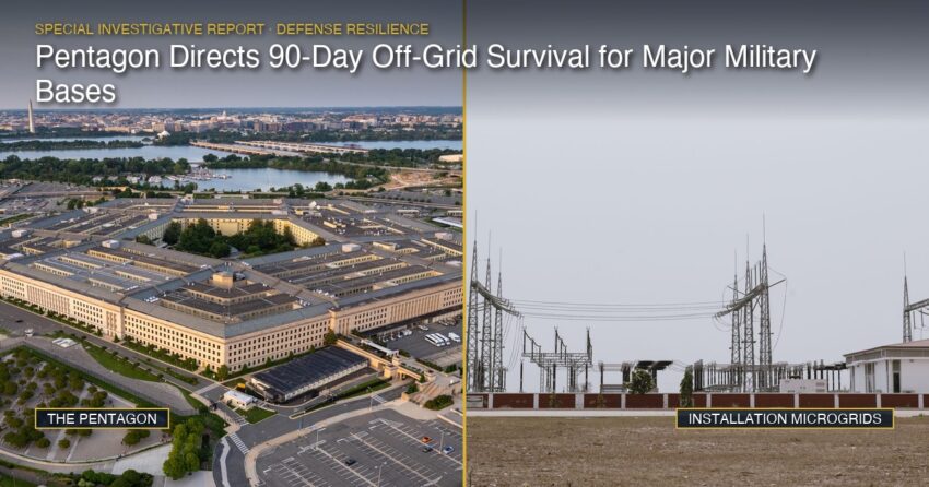 Composite photo showing the Pentagon and an electrical power distribution substation for military installation microgrids