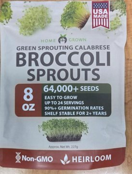 Front package label, HOME GROWN Green Sprouting Calabrese Broccoli Seeds, 8 oz, Heirloom