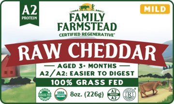 Front package label, Family Farmstead Dairy Raw Mild Cheddar Cheese