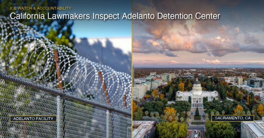 Side-by-side featured collage: detention center security razor wire fence on the left, and aerial view of the California State Capitol in Sacramento on the right.