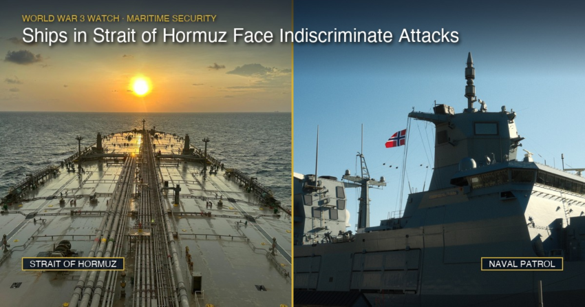 Side-by-side featured collage: commercial oil tanker sailing at sunset on the left, and a naval warship on patrol on the right in the Strait of Hormuz.