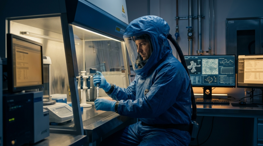 Scientist in biosafety containment suit in biosecurity laboratory investigating pathogen telemetry