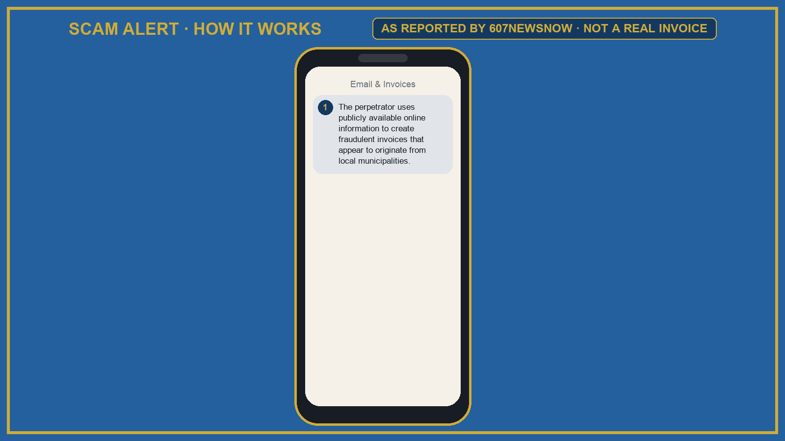 Animated graphic of how this scam works, using the source alert's own description: The perpetrator uses publicly available online information to create fraudulent invoices that appear to originate from local municipalities. Scammers send an unexpected invoice or email requesting direct payment for mortgage insurance fees. The fraudulent notice uses public property and deed records to convince homeowners the invoice is legitimate. Sheriff Derek Osborne warns: call the municipality directly to verify before paying any invoice. Red flags marked: Red Flag: Fraudulent Invoice: Municipalities do not issue or collect mortgage insurance bills.; Red Flag: Scraped Public Records: Scammers harvest online property filings to impersonate county departments.; Red Flag: Direct Payment Demand: Requests payment through unverified channels rather than official treasuries. Ends with a SCAM ALERT stamp. This is a description, not a real message.