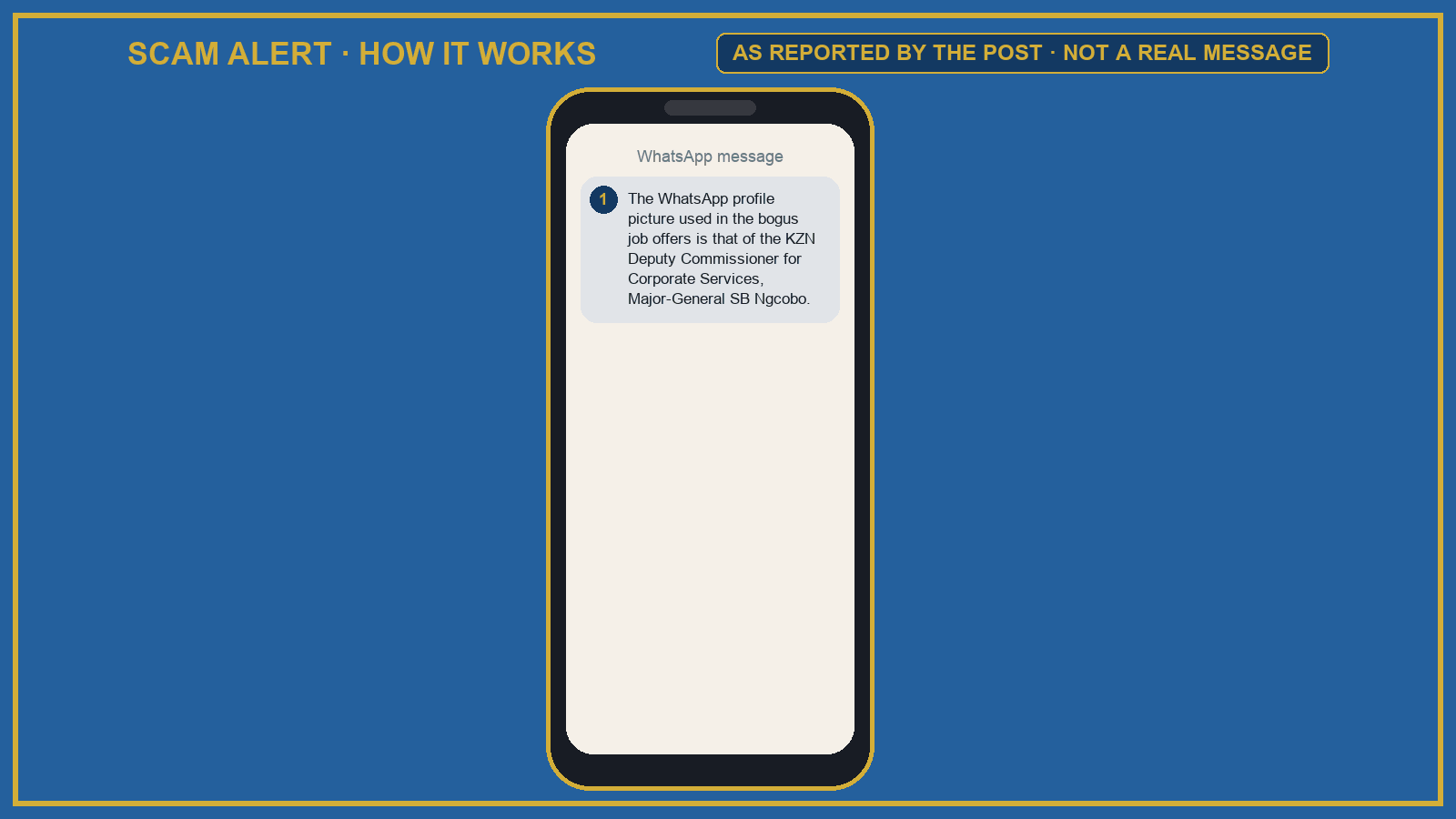 Animated graphic of how this scam works, using the source alert's own description: The WhatsApp profile picture used in the bogus job offers is that of the KZN Deputy Commissioner for Corporate Services, Major-General SB Ngcobo. They will immediately forward an application form to the prospective victim. The scammers demand R15,000 for the purported employment opportunity. Victims are, however, instructed to pay a deposit of R7,500 with the balance payable upon signing employment papers. Red flags marked: Red Flag: Charges a fee for a job: Police say employment in the SAPS is not for sale.; Red Flag: Borrowed face: A senior officer's photo makes a stranger look official.; Red Flag: Deposit first: Pay R7,500 now, the rest at signing. Real hiring never works this way. Ends with a SCAM ALERT stamp. This is a description, not a real message.