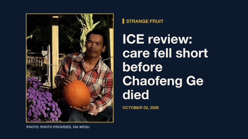 Chaofeng Ge, 32, seated outdoors holding a pumpkin. Photo provided, via WPSU.