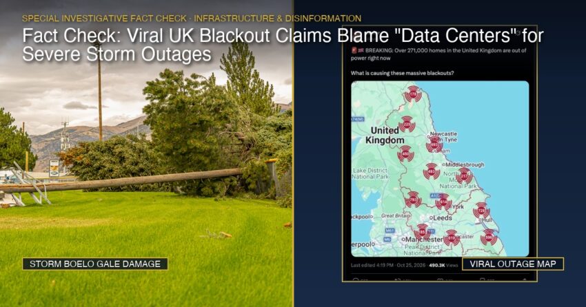 Featured collage fact check showing downed power lines from Storm Boelo alongside the viral tweet claiming mysterious UK blackouts